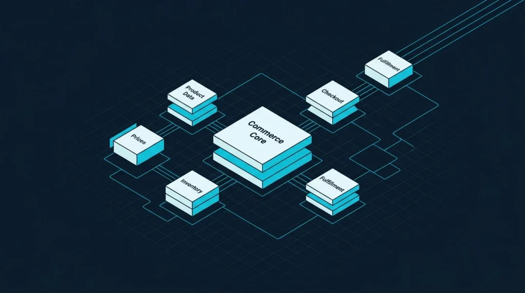 Isometrische Illustration einer skalierbaren E-Commerce-Plattform mit verbundenen Modulen für Produktdaten, Preise, Bestand, Checkout und Fulfillment.