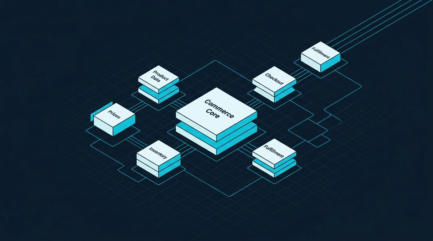 Isometrische Illustration einer skalierbaren E-Commerce-Plattform mit verbundenen Modulen für Produktdaten, Preise, Bestand, Checkout und Fulfillment.