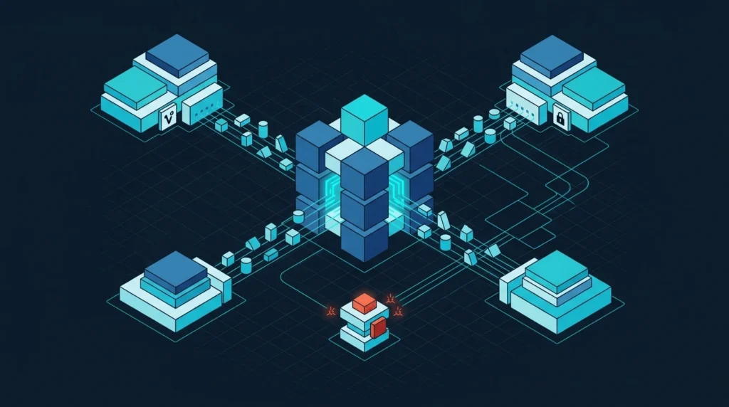 Isometrische API-Illustration mit stabiler Schnittstelle zwischen Systemen sowie visuellen Hinweisen auf Verträge, Fehlerbehandlung und Versionierung.