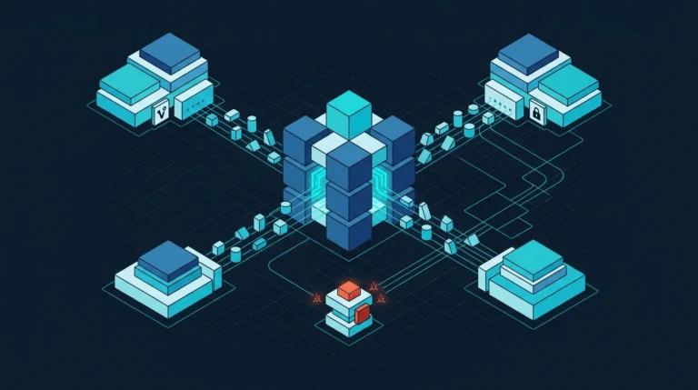 Isometrische API-Illustration mit stabiler Schnittstelle zwischen Systemen sowie visuellen Hinweisen auf Verträge, Fehlerbehandlung und Versionierung.