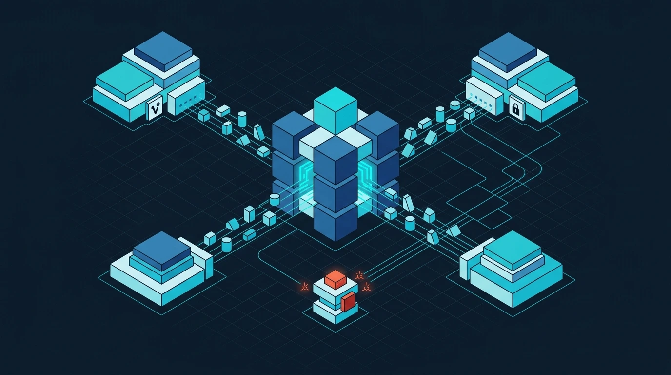 Isometrische API-Illustration mit stabiler Schnittstelle zwischen Systemen sowie visuellen Hinweisen auf Verträge, Fehlerbehandlung und Versionierung.
