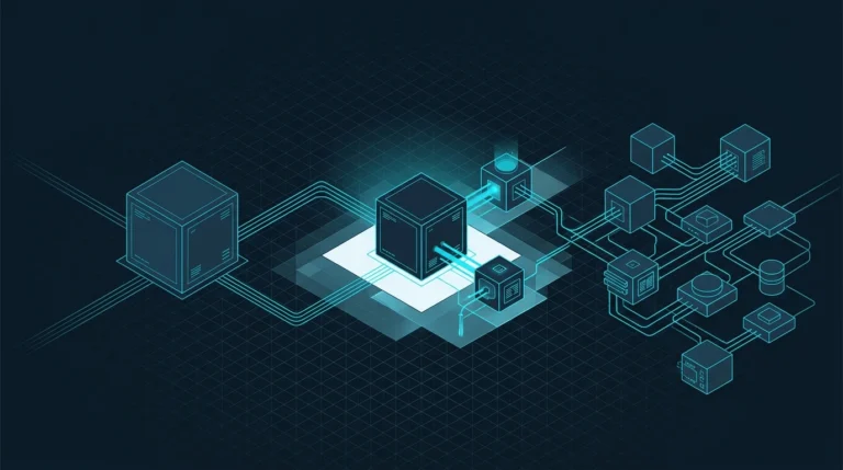 Strategische Illustration zur Entscheidung zwischen Standardsoftware, Individualentwicklung und einem hybriden Softwareansatz.