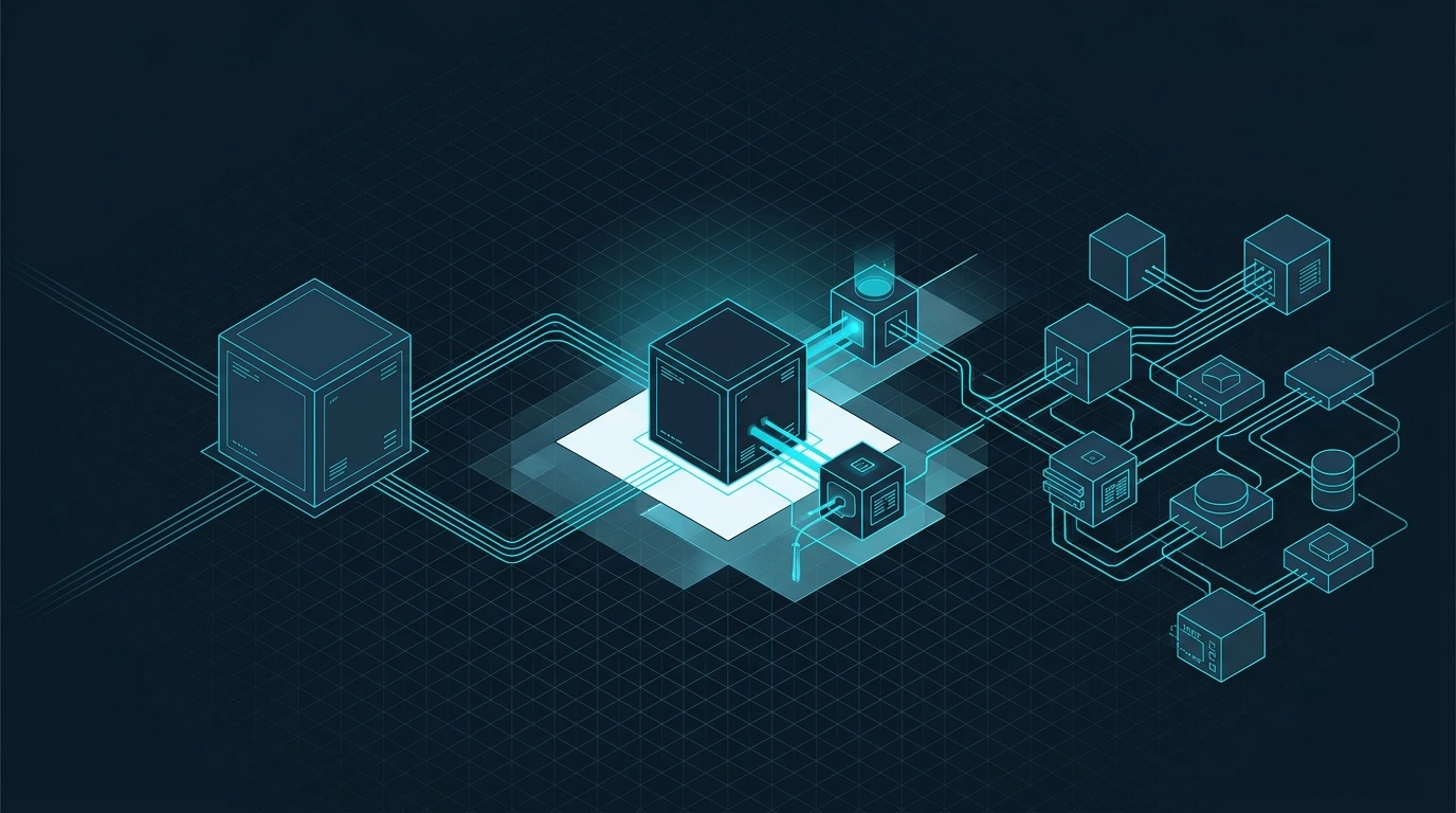Strategische Illustration zur Entscheidung zwischen Standardsoftware, Individualentwicklung und einem hybriden Softwareansatz.