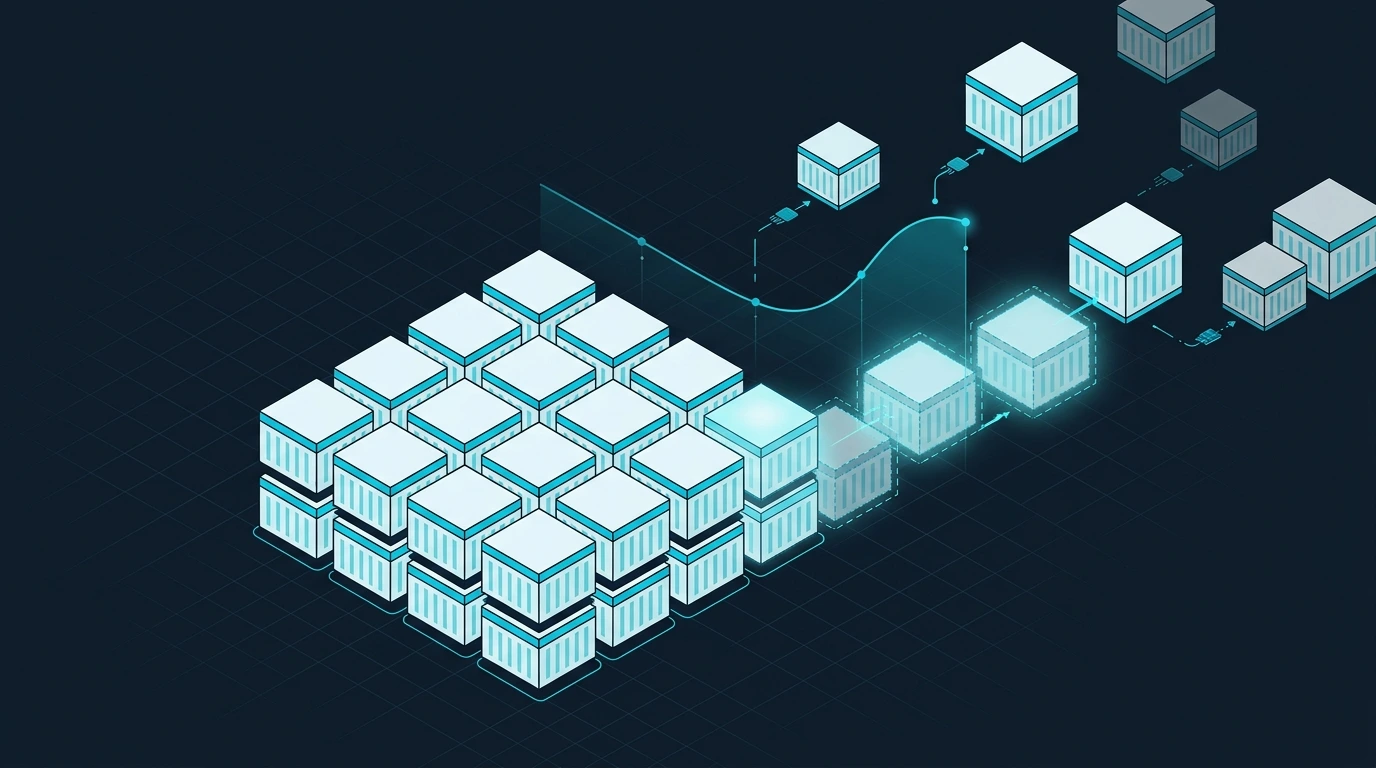 Isometrische Darstellung eines Kubernetes-Clusters mit dynamisch skalierenden Pods und kontrollierter Lastverteilung.