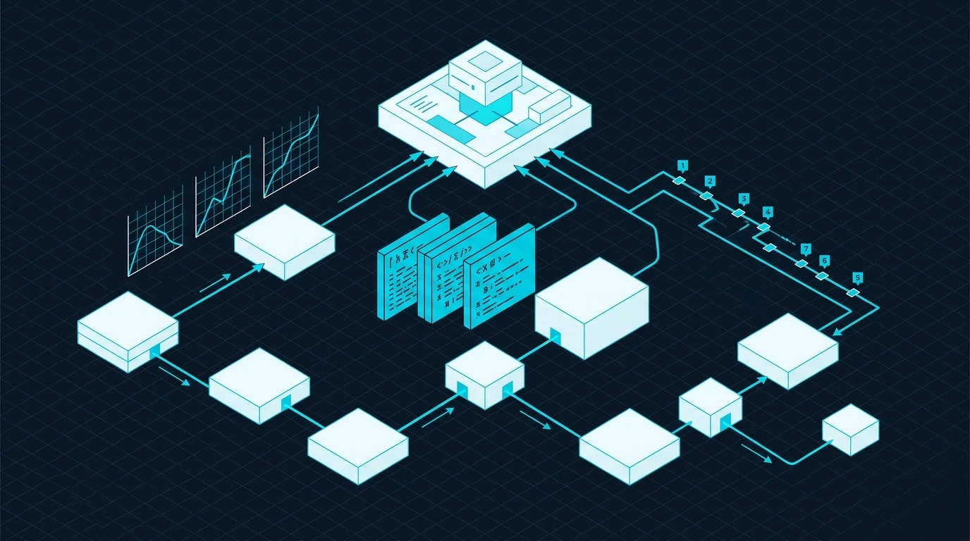 Technische Illustration verteilter Systeme mit Metriken, Logs und Traces zur Visualisierung moderner Observability.