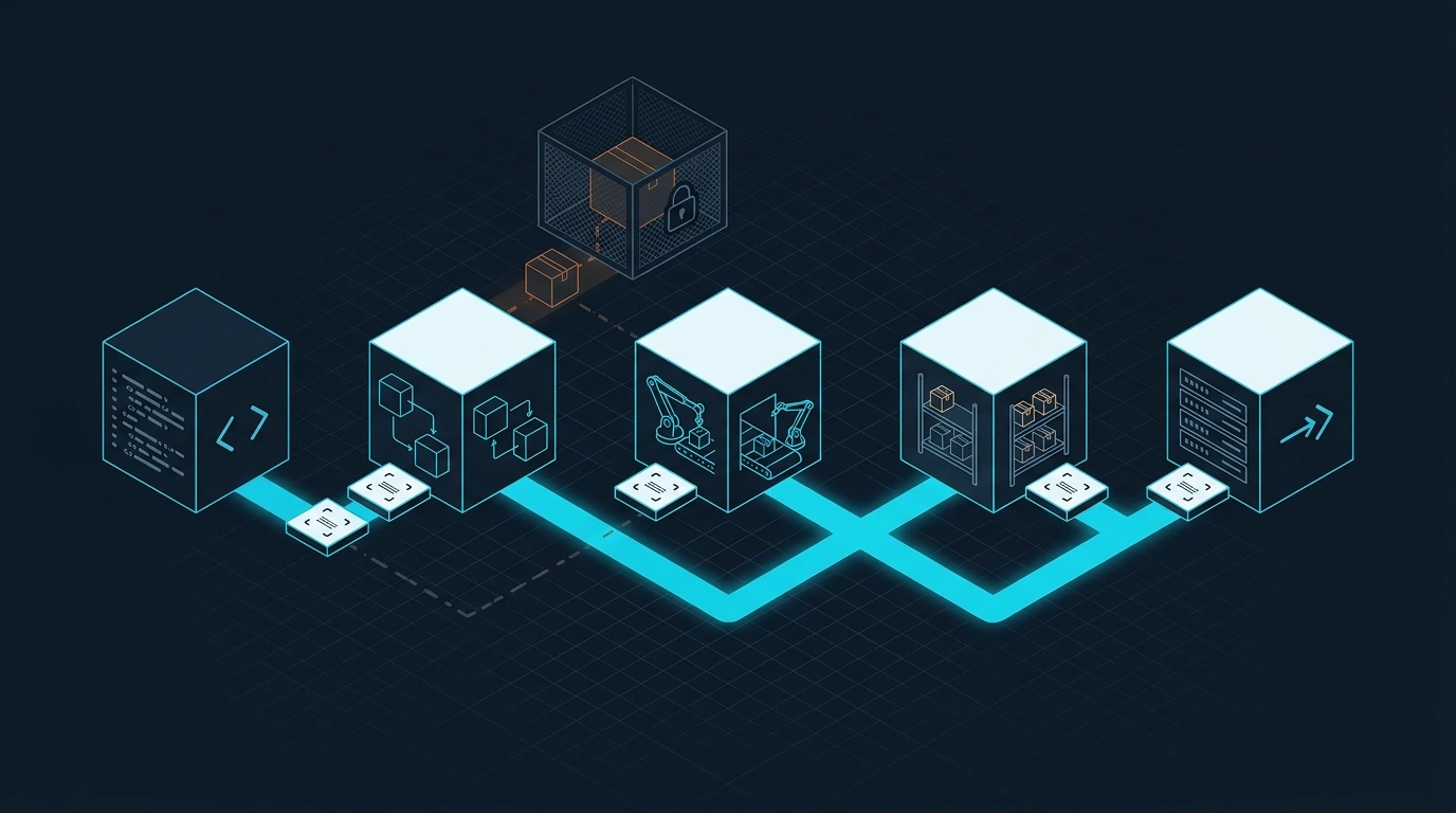 Isometrische Illustration einer abgesicherten Software Supply Chain von Quellcode über Build und Registry bis zur Produktion.