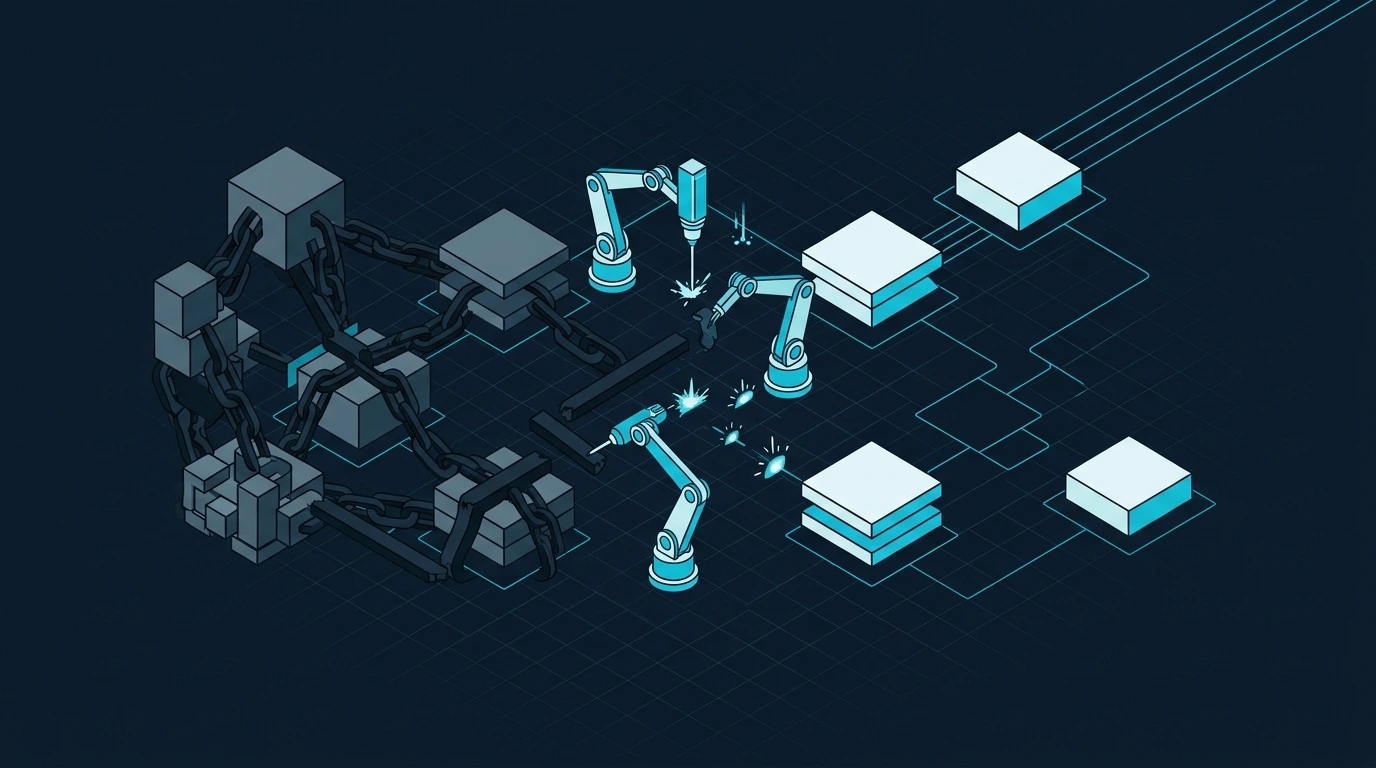 Abstrakte Software-Illustration zum gezielten Abbau technischer Schulden durch Vereinfachung und Neuordnung belasteter Systemstrukturen.